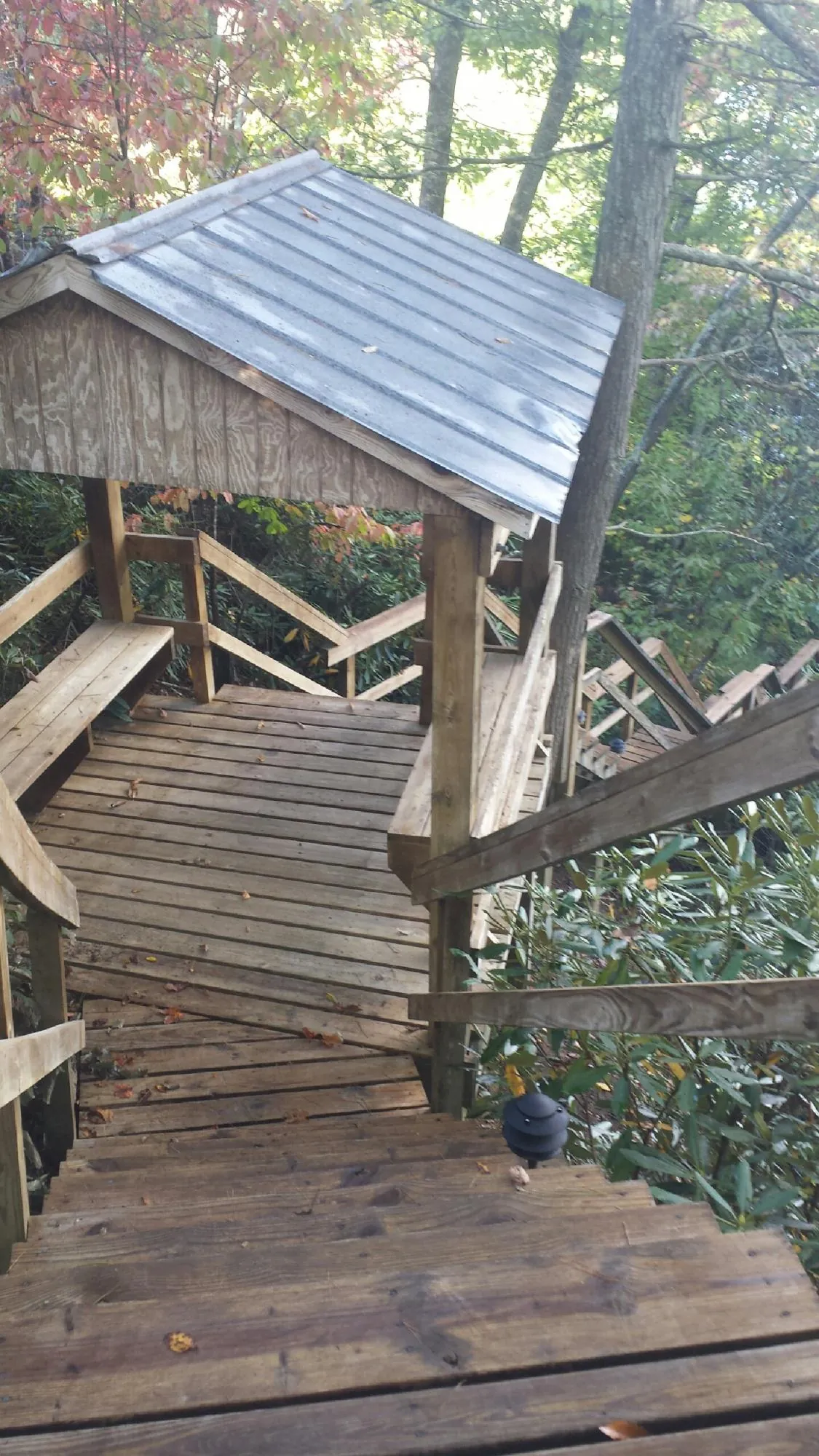 Metal roofed shelter over wooden steps on a wooded walkway — Skylight Repair & Installation work by our crew in Ovid